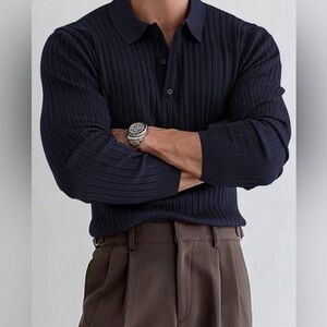 Navy Ribbed Long Sleeve Polo Shirt